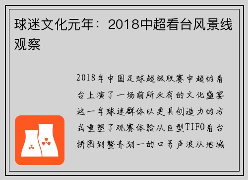 球迷文化元年：2018中超看台风景线观察