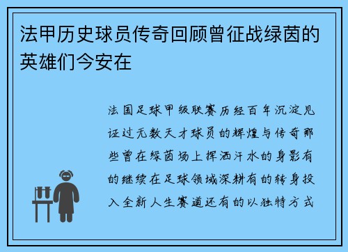 法甲历史球员传奇回顾曾征战绿茵的英雄们今安在