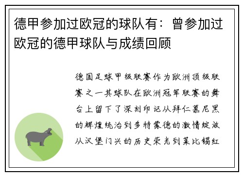 德甲参加过欧冠的球队有：曾参加过欧冠的德甲球队与成绩回顾